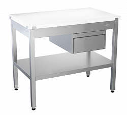 Стол производственный Atesy С полипропиленовой столешницей, 1-й сплошной полкой и 1-м ящиком без борта 1200х600х850 мм в Москве , фото