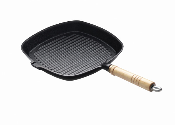 Сковорода чугунная рифленая Luxstahl 270х270 мм с деревянной ручкой [HE877] фото