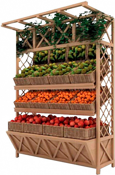 Стеллаж для овощей деревянный под корзины Евромаркет 2230х1360х700 фото